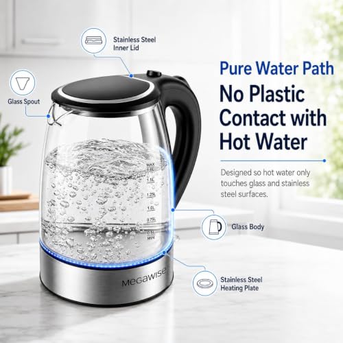 MEGAWISE 1.8L Glass Electric Kettle with Auto Shut-Off & Boil-Dry Protection – Clear Water Level View, 1-Glass Kettle