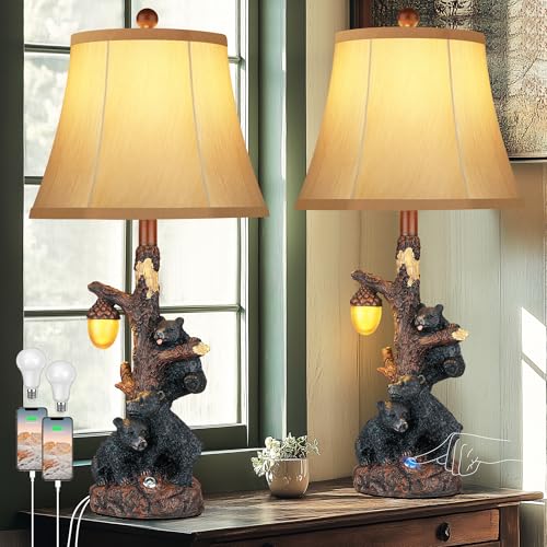Rustic Bear Bedside Table Lamps Set of 2 with Nightlight & USB Ports