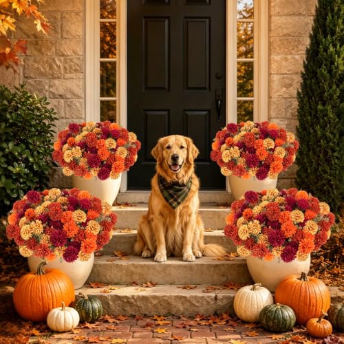 Artificial Fall Flowers 12 Pcs Burgundy Orange Caramel & Yellow Chrysanthemums Outdoor Decor