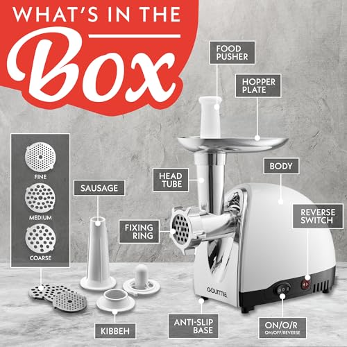 Gourmia 500W Electric Meat Grinder with Sausage Stuffer & Stainless Steel Plates