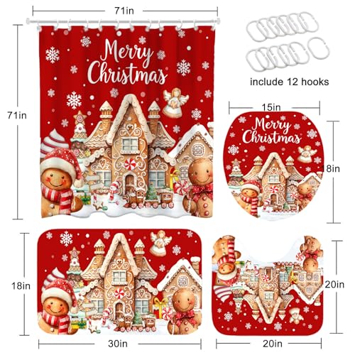 Christmas Shower Curtain Set with Gingerbread Design, Non-Slip Bath Rugs & Toilet Lid Cover - 4 Pieces