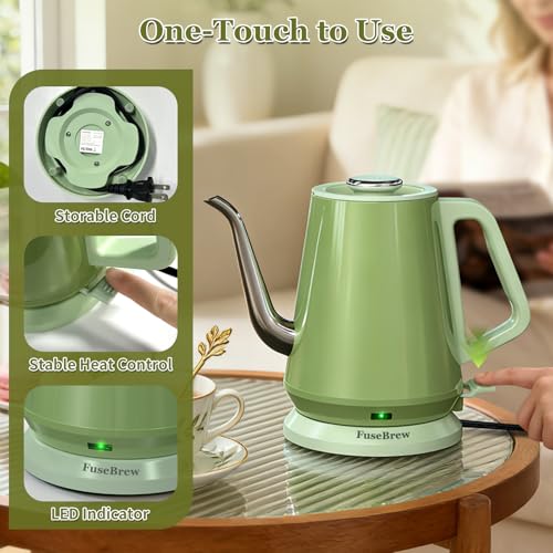 Gooseneck Electric Kettle 0.8L, 1200W Fast Boil, Stainless Steel, Green
