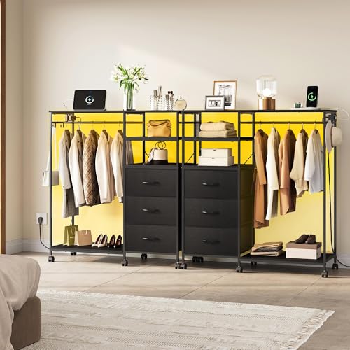 WLIVE Black LED Dresser with 3 Drawers & Hanging Rack, Bedroom Storage