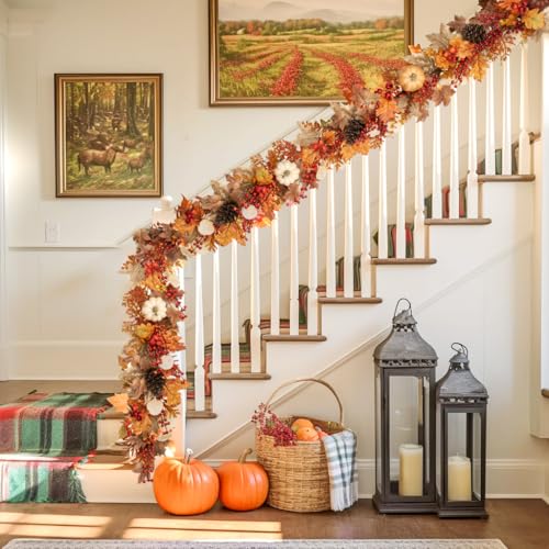 Villa Como 6FT Fall Garland with Lights, Pumpkins, Pinecones, Berries - Brown