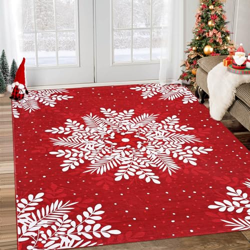 GarveeHome Christmas Snowflake Area Rug 6x9 ft Red Washable Non-Slip Low Pile