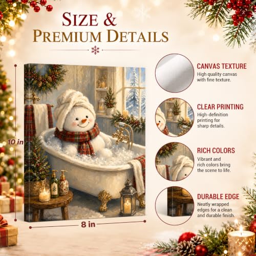VRLSDTHF Christmas Bathroom Canvas Wall Art – Snowman Holiday Decor, 8x10 inches