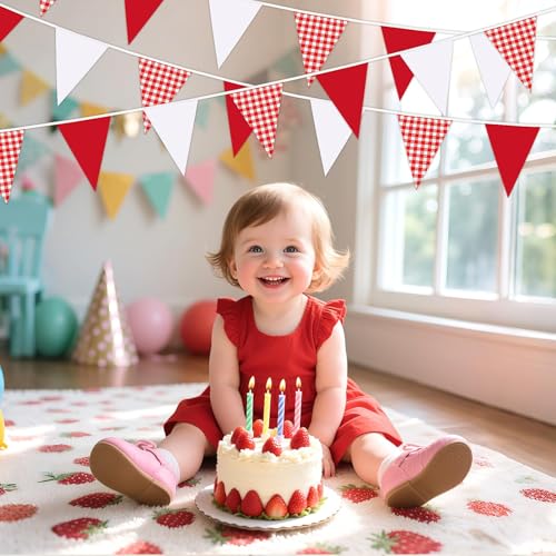 MARFOREVER 28 FT Red Plaid Checkered White Pennant Banner Flags, 30 Pcs Fabric Triangle Flag Bunting Garland Banner for Picnic Wedding Birthday Carnival Baby Shower Christmas Garden Party Decorations
