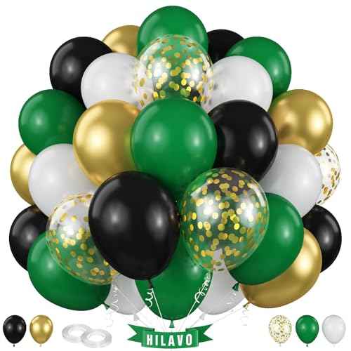 Black Gold Green Balloons 60 Pcs Dark Green White Black Metallic Gold Balloons 12 Inch Football Soccer Video Game Christmas Balloon for Boy Men Jungle Graduation Baby Shower Birthday Party Decorations