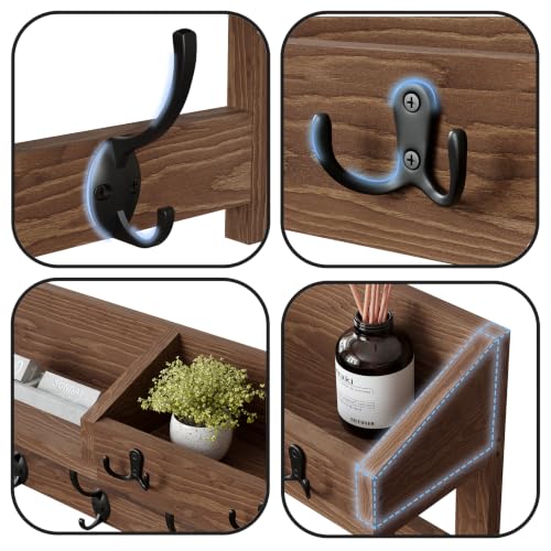 AMBIRD Wall Hooks with Shelf - 26.57 Inch Wooden Coat Rack with Dual & Key Hooks for Entryway, Brown