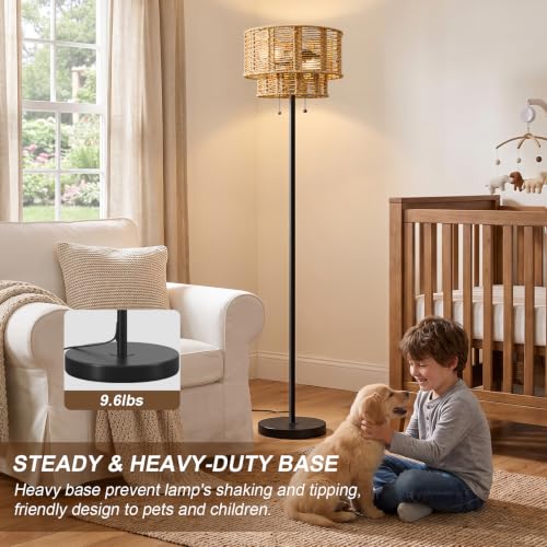 Farmhouse Floor Lamp with Rattan Shade - Black, 60-Inch Tall Living Room Lighting