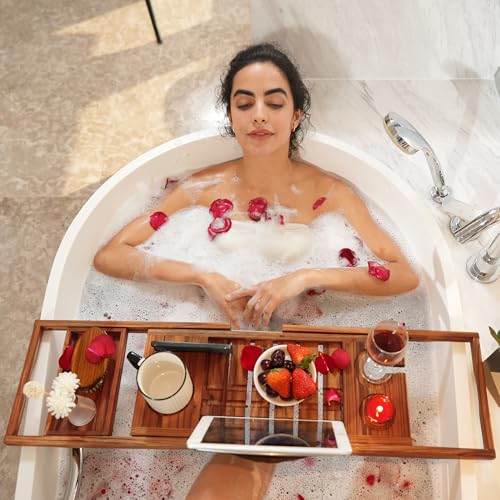 VaeFae Teak Bathtub Tray Expandable Wooden Tub Caddy Non-Folding - Teak Wood