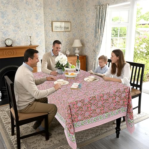 Ridhi Pink Strawberry Hand Block Print Rectangular Tablecloth 108x60 Inches