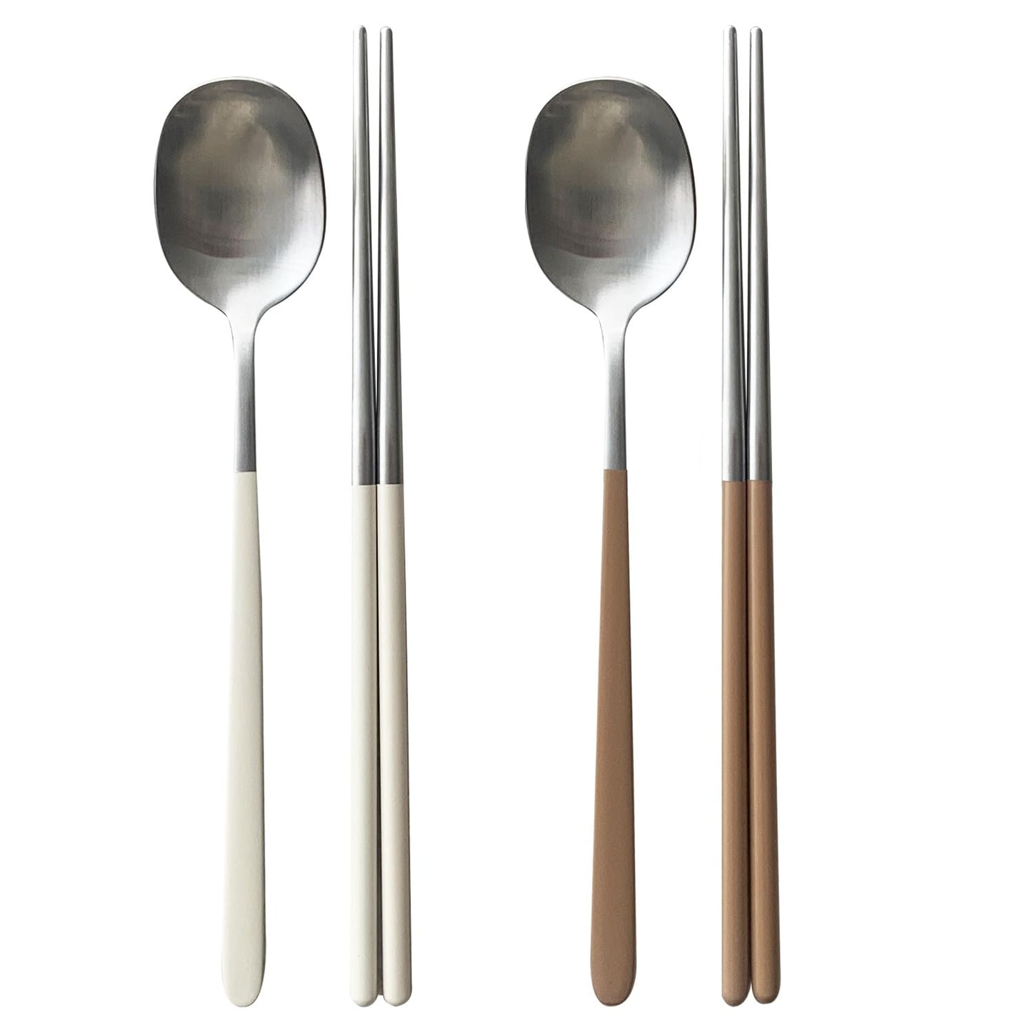 304 Stainless Steel durable Lightweight Korean-style Beautiful Cutlery Spoon and Chopsticks Set Scratch Resistant 2Pieces (Ivory+Brown)