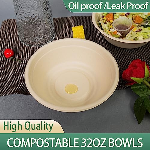 emlifepak 32oz Disposable Salad Bowls 150 Pack Heavy-Duty Eco-Friendly Compostable
