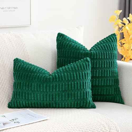 OTOSTAR Corduroy Decorative Throw Pillow Covers 16x24 Inch Super Soft Boho Striped Rectangle Pillow Covers Case Modern Cushion Covers for Sofa Couch Bedroom Car Decor Christmas Green