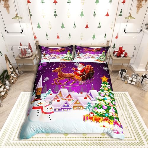 Manfei Xmas Duvet Cover Set Queen Size, Snowman Christmas Tree Bedding Set for Kids Boys Girls, Santa Claus with Reindeer Comforter Cover New Year Theme Quilt Cover with 2 Pillowcases, No Comforter