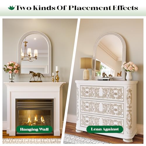 White Farmhouse Arched Wall Mirror 24x36 with Beaded Wooden Frame - Rustic Boho Decor