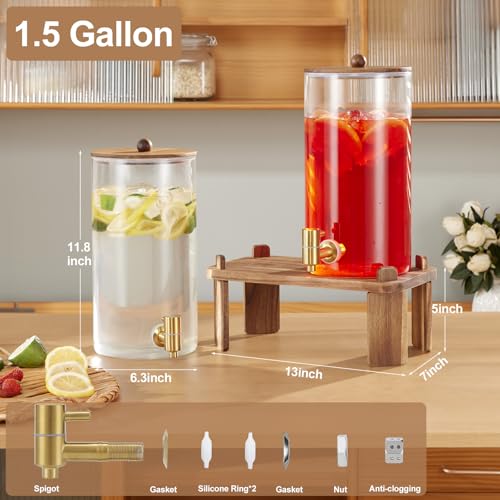 FavorFlavor 2-Pack 1.5 Gallon Glass Drink Dispenser with Wooden Stand