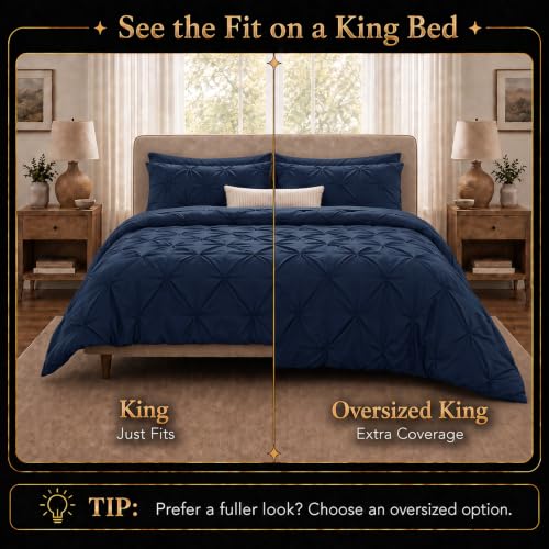 CozyLux Navy Oversized King Comforter Set 7-Piece Pintuck Bed in a Bag