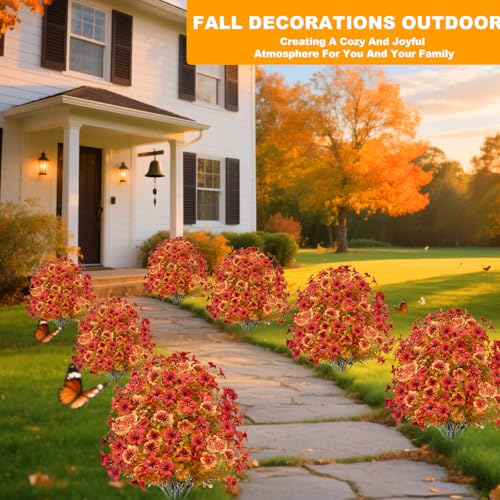 Artificial Fall Mums Topiary Tree Set - 25 Inch Outdoor Faux Greenery with Spike - UV Resistant Garden Decor - Variation of This Listing