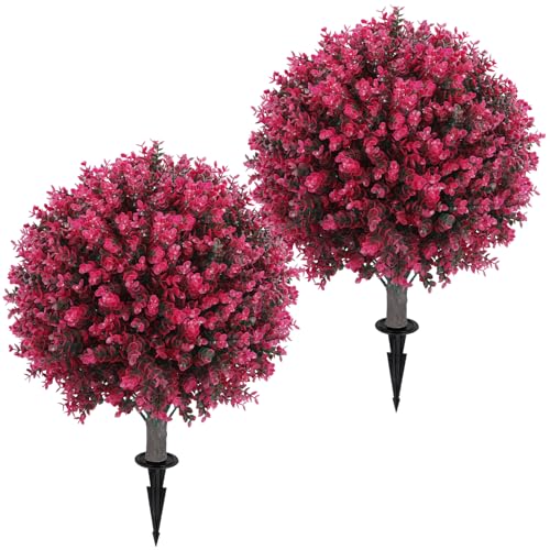 Red Eucalyptus Topiary Ball Tree Set of 2 | 24-inch Artificial Indoor & Outdoor Decor