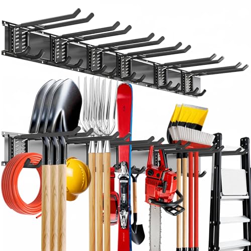 Garage Tool Organizer Wall Mount with 6 Adjustable Double Hooks - 48in Heavy-Duty Storage System