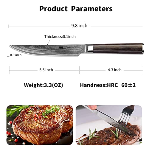 6-Piece VG10 Damascus Non-Serrated Steak Knife Set with Pakkawood Handles