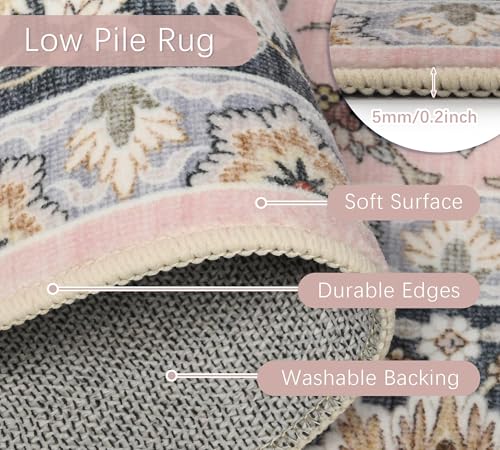 Pink Persian Style Washable Rug 8x10 - Vintage Floral Living Room Carpet, Non-Slip & Soft