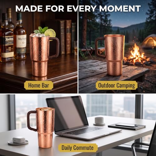 35oz Solid Copper Tumbler with Lid & Braided Handle - Handcrafted Drinkware