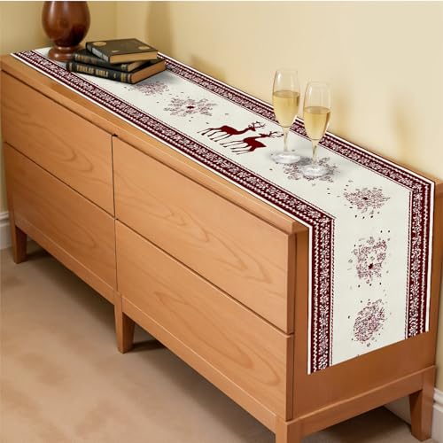 FOREVER QUEEN 7-Piece Christmas Table Runner & Placemats Set Reindeer Snowflakes