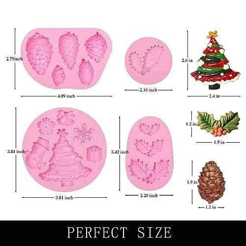 Holly Leaf Silicone Molds, 4 Packs Christmas Pine Cones Berry Tree Fondant Molds for Christmas Cake Decoration Cupcake Topper Soap Candy Chocolate Sugar Clay
