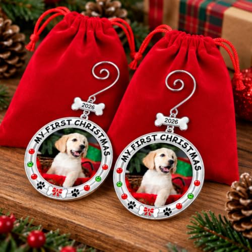 BANBERRY DESIGNS My First Christmas Dog Photo Ornament Set of 2 (2026) – Includes 2 Storage Bags, Non-Customized