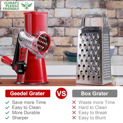 Geedel Red Rotary Cheese Grater Hand Crank with 3 Blades for Cheese & Vegetables