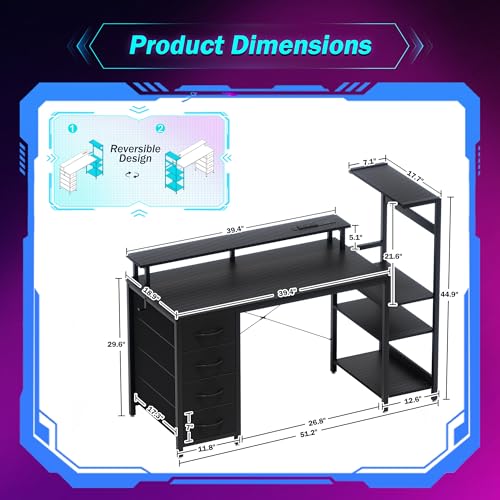 51 Inch Gaming Desk with Drawers & PC Tower Stand LED Lights, Black