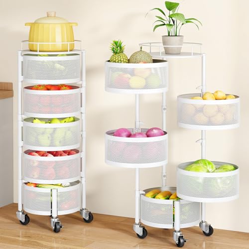 Rotating Fruit and Vegetable Basket Stand - 5 Tier Kitchen Storage, White