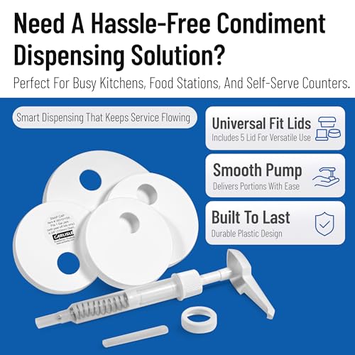 Universal Condiment Pump Dispenser Kit with 5 Lids - Pack of 1, White