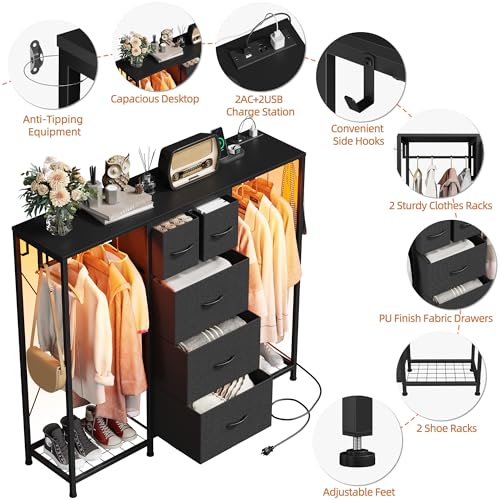5-Drawer Dresser with Hanging Racks - Black, 49.2" Wide, Modern Storage