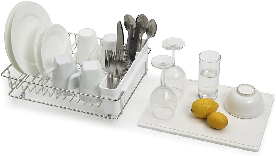 SunnyPoint 304 Stainless Steel Dish Drying Rack - Rust Resistant with Diatomaceous Earth Drainboard & Utensil Caddy | Silvery-Grey