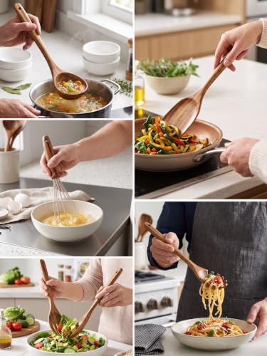 10 Pack Wooden Cooking Utensil Set - Teak Kitchen Tools Including Spatulas Whisk and Spaghetti Server