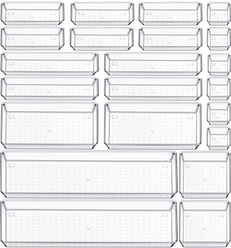 22 Pack Acrylic Drawer Organizer Bins Set - Non-Slip Storage Trays for Kitchen, Bathroom, Office & Cosmetics