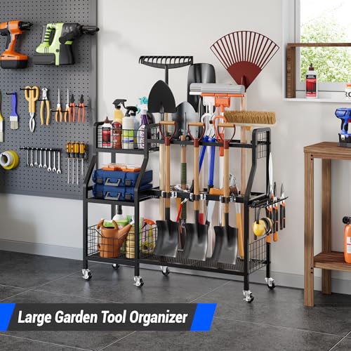 Heavy-Duty Garden Tool Organizer with 6 Wheels & 2 Baskets