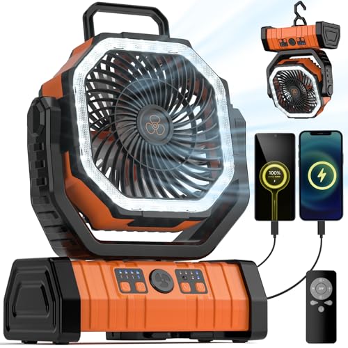 Portable Camping Fan with 20000mAh Battery, LED Lantern, Remote, 4 Speeds, Hanging Hook - Black and Orange (8.9x11.4x4.6in)
