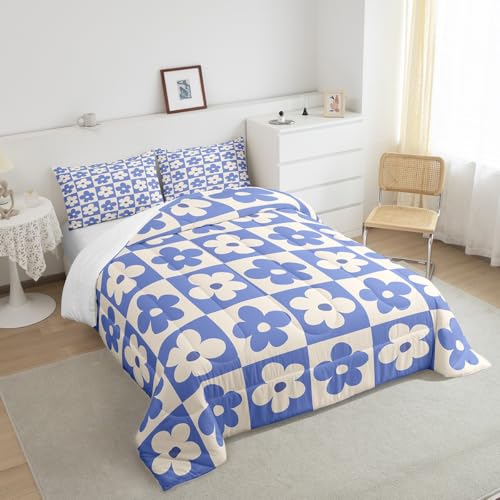 Castle Fairy King Size Bedding Comforter Set Multi 05 — Blue Cream Floral Plaid, 2 Pillowcases