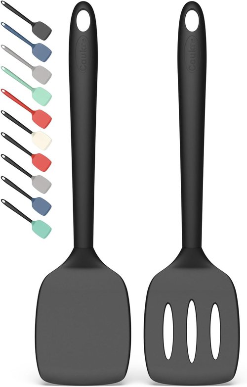 Coukre Silicone Spatula Set - High Heat Resistant, BPA Free | 2 Pack Solid & Slotted Turner, Pure Black