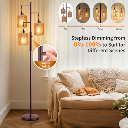 72-Inch Boho Rattan Tree Floor Lamp - Brown, Dimmable Standing Lighting with Oil-Rubbed Bronze + Light Brown Variation