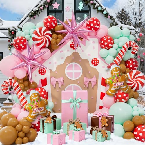 Christmas Balloon Garland Kit with Gingerbread, Candy Cane & Star Foil Balloons - Holiday Party Decor