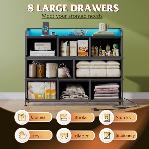WLIVE Black LED Dresser with 8 Drawers, Outlet & USB Charging Station