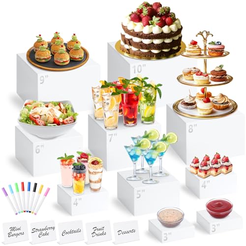 White Acrylic Buffet Risers Set with Mini Sign & Markers - 10 Sizes