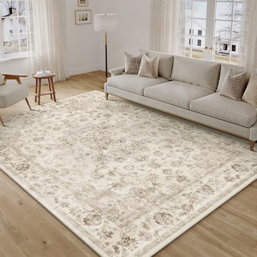 7x9 Beige Low Pile Area Rug - Neutral Vintage Floral Design, Machine Washable
