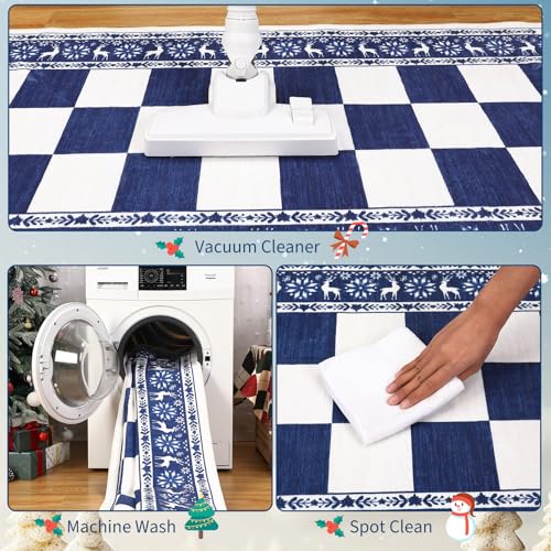 GarveeHome Blue 4' x 6' Checkered Christmas Rug, Non-Slip Washable Area Rug for Living Room